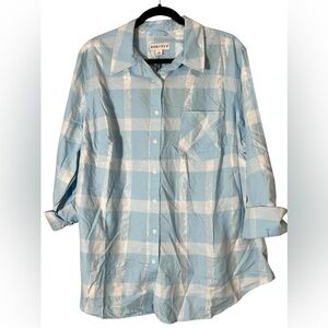 Ava & Viv women's button down rolled tab sleeves collar blouse top blue white 2X